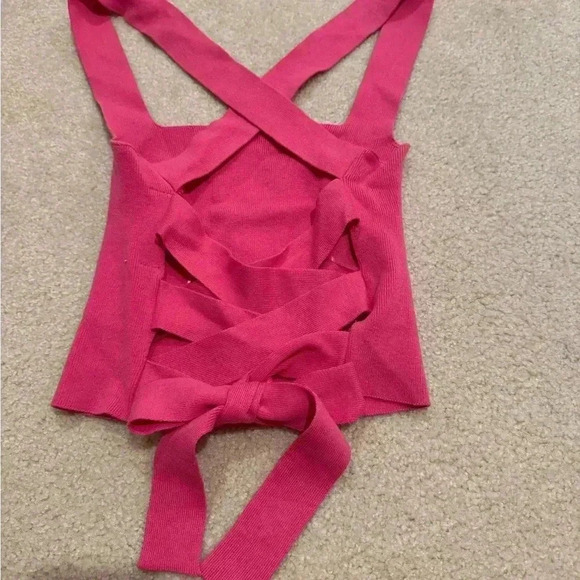 Tops - Hot pink lace up crop sweater